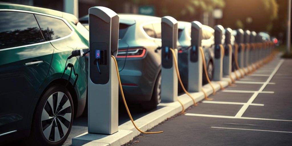 Foto de carros elétricos sendo carregados.